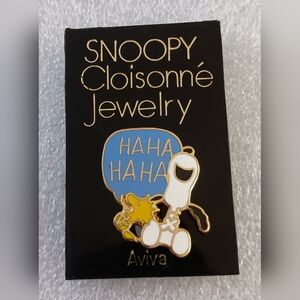 Vtg MCM Aviva Snoopy & Woodstock Cloisonne Peanuts Jewelry Pin 1970s New NOS MOC